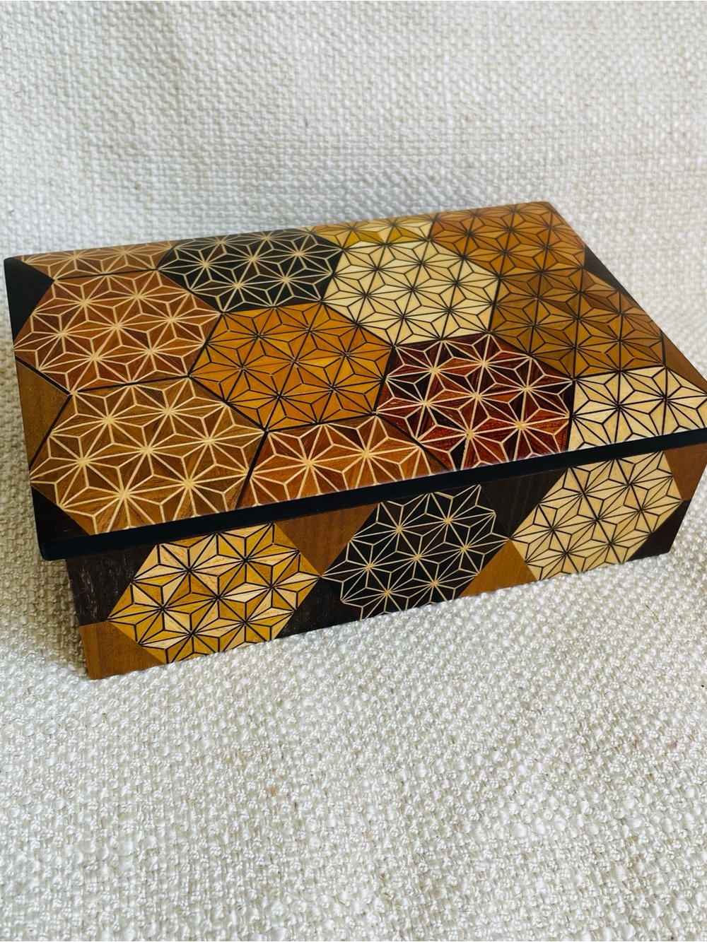 Vintage Handcrafted Geometric Inlay Wood Keepsake Jewelry Box Honey Brown